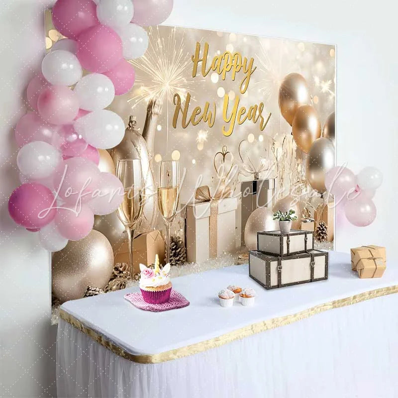 Lofaris Golden Balloon Champagne Happy New Year Backdrop Gift Box Winter Party Celebration Photography Background