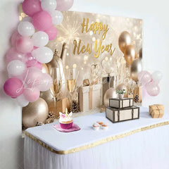 Lofaris Golden Balloon Champagne Happy New Year Backdrop Gift Box Winter Party Celebration Photography Background