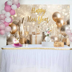 Lofaris Golden Balloon Champagne Happy New Year Backdrop Gift Box Winter Party Celebration Photography Background
