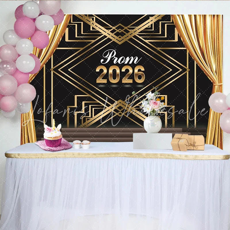 Lofaris Golden Curtains Prom Backdrop with Black and Gold Art Deco Pattern Elegant Stage Photography Background for Dance Party