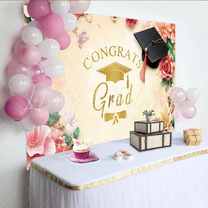 Lofaris Golden Glitter Congrats Grad Graduation Backdrop Elegant Floral Photo Booth Prop for Ceremony and Party Decor