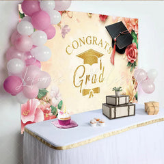 Lofaris Golden Glitter Congrats Grad Graduation Backdrop Elegant Floral Photo Booth Prop for Ceremony and Party Decor