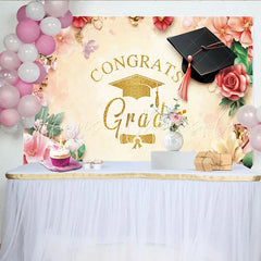 Lofaris Golden Glitter Congrats Grad Graduation Backdrop Elegant Floral Photo Booth Prop for Ceremony and Party Decor
