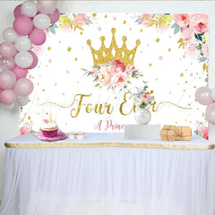 Lofaris Golden Glitter Crown Princess 4th Birthday Backdrop with Floral Design White Party Background for Girls Photoshoot