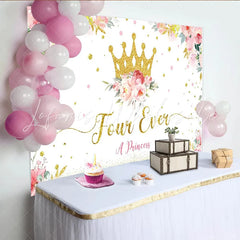 Lofaris Golden Glitter Crown Princess 4th Birthday Backdrop with Floral Design White Party Background for Girls Photoshoot