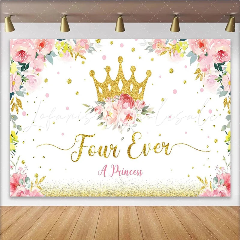 Lofaris Golden Glitter Crown Princess 4th Birthday Backdrop with Floral Design White Party Background for Girls Photoshoot