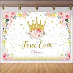 Lofaris Golden Glitter Crown Princess 4th Birthday Backdrop with Floral Design White Party Background for Girls Photoshoot
