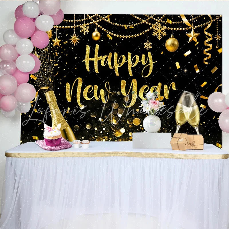Lofaris Golden Glitter Happy New Year Backdrop with Champagne and Confetti Elegant Party Background for Festive Celebration