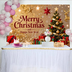 Lofaris Golden Glitter Merry Christmas and Happy New Year Party Backdrop with Tree and Gifts Festive Holiday Decor