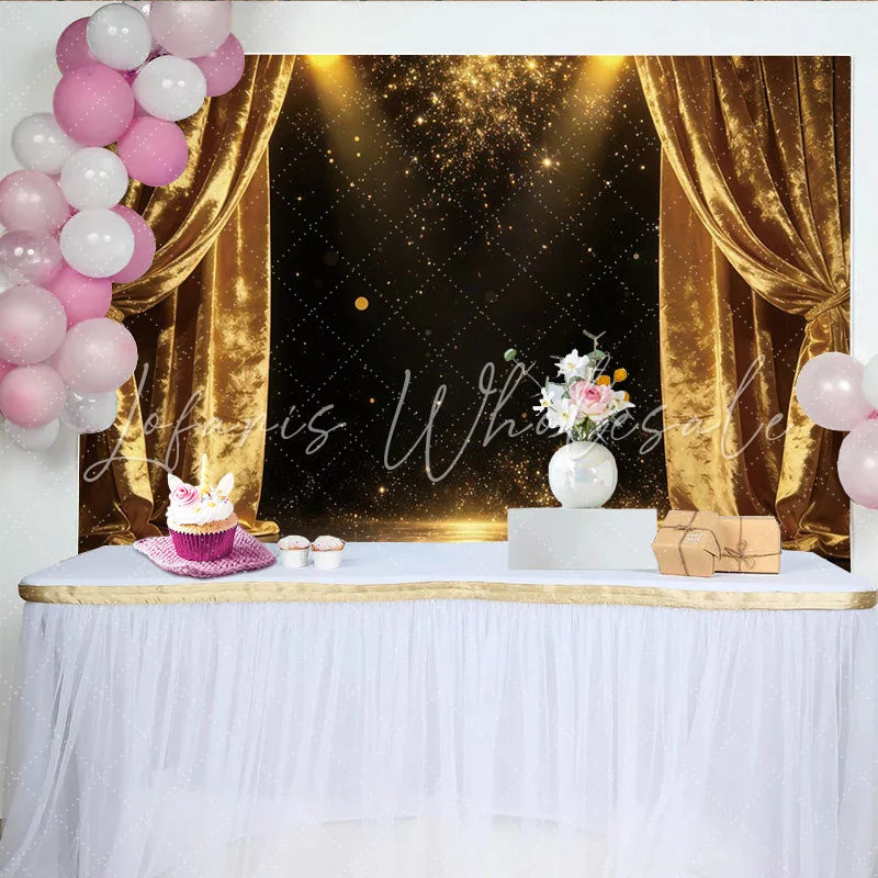 Lofaris Golden Glitter Photography Backdrop with Velvet Curtains Luxurious Studio Background for Elegant Events and Portraits