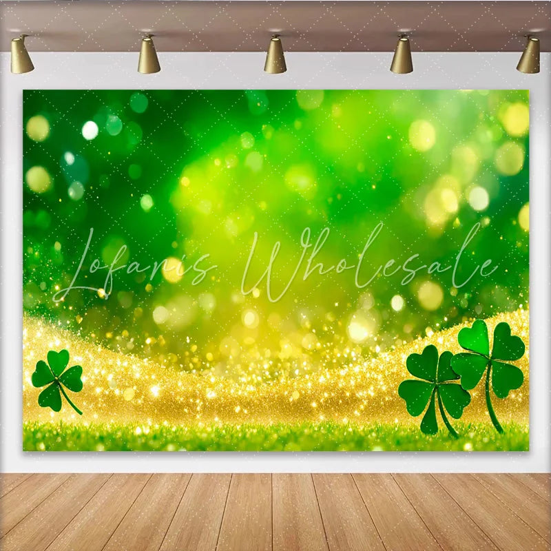 Lofaris Golden Glitter Wave and Green Shamrock St Patricks Day Backdrop Lucky Clover Grass Background