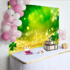 Lofaris Golden Glitter Wave and Green Shamrock St Patricks Day Backdrop Lucky Clover Grass Background