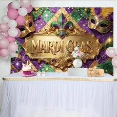 Lofaris Golden Mardi Gras Backdrop with Festive Masks and Glitter Purple Green Gold Party Decoration for Celebration Photography.
