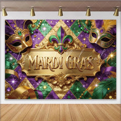 Lofaris Golden Mardi Gras Backdrop with Festive Masks and Glitter Purple Green Gold Party Decoration for Celebration Photography.