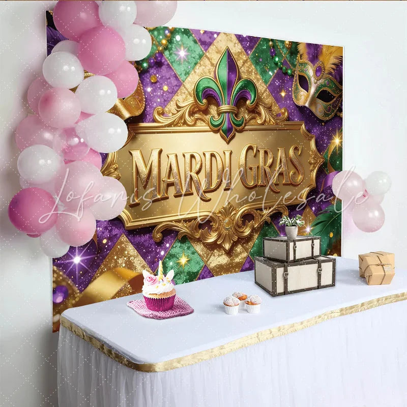 Lofaris Golden Mardi Gras Backdrop with Festive Masks and Glitter Purple Green Gold Party Decoration for Celebration Photography.