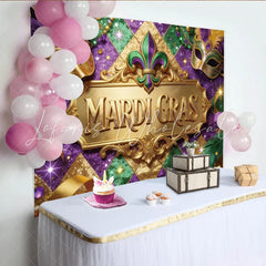 Lofaris Golden Mardi Gras Backdrop with Festive Masks and Glitter Purple Green Gold Party Decoration for Celebration Photography.