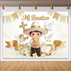 Lofaris Golden Mi Bautizo Baptism Backdrop with Cartoon Boy and Doves Elegant Photography Background for Religious Ceremony Decor