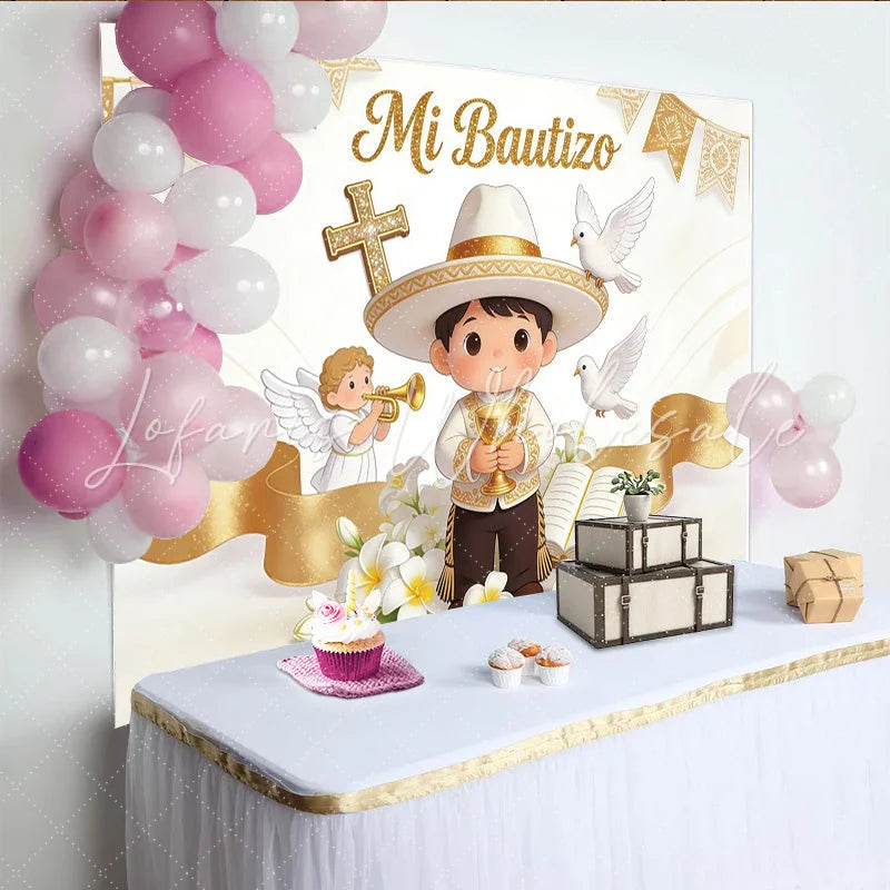 Lofaris Golden Mi Bautizo Baptism Backdrop with Cartoon Boy and Doves Elegant Photography Background for Religious Ceremony Decor