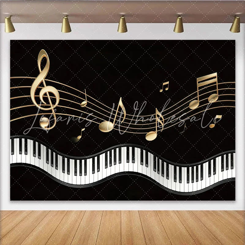 Lofaris Golden Musical Notes Piano Photography Backdrop Elegant Black Background for Studio Photoshoot and Party Decor
