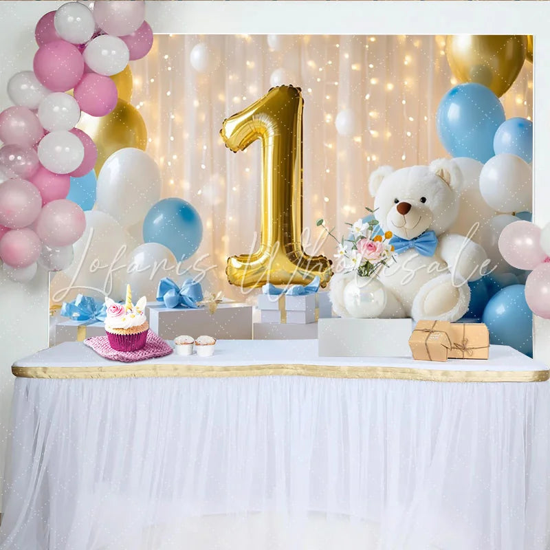 Lofaris Golden Number One and Teddy Bear First Birthday Party Backdrop Blue White Balloons Celebration Decor