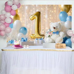 Lofaris Golden Number One and Teddy Bear First Birthday Party Backdrop Blue White Balloons Celebration Decor