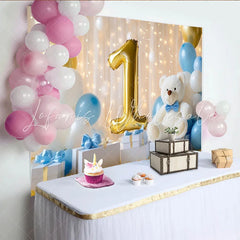 Lofaris Golden Number One and Teddy Bear First Birthday Party Backdrop Blue White Balloons Celebration Decor