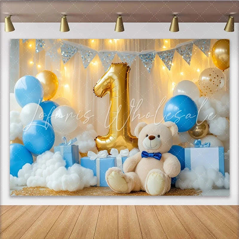 Lofaris Golden Number One Teddy Bear Party Backdrop Blue and White Balloons for Baby Boy First Birthday