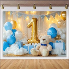 Lofaris Golden Number One Teddy Bear Party Backdrop Blue and White Balloons for Baby Boy First Birthday