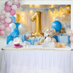 Lofaris Golden Number One Teddy Bear Party Backdrop Blue and White Balloons for Baby Boy First Birthday
