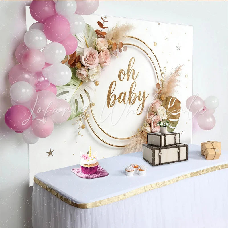 Lofaris Golden Oh Baby Boho Floral Baby Shower Backdrop with Roses and Pampas Grass Elegant Photography Background for Party Decor