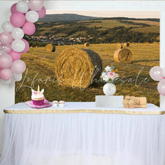 Lofaris Golden Sunset Countryside Hay Bales Autumn Backdrop Rustic Farm Field Background for Outdoor Portrait