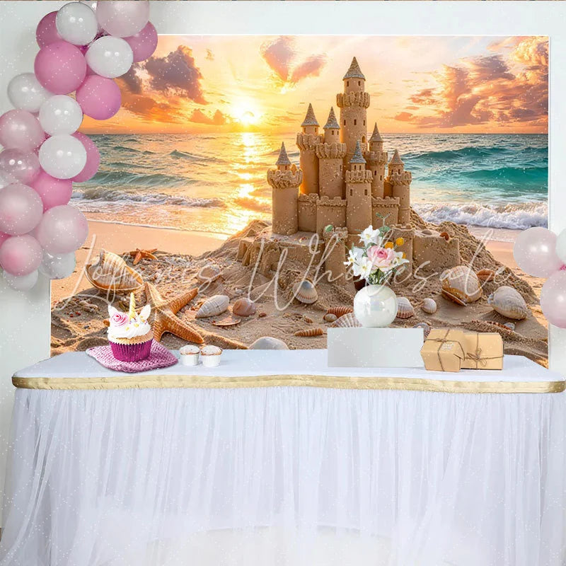 Lofaris Golden Sunset Sandcastle Beach Photography Backdrop Ocean Waves Background for Studio Portrait and Photoshoot