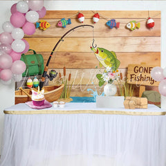 Lofaris Gone Fishing Birthday Backdrop with Wooden Wall and Jumping Fish Outdoor Themed Party Background for Photoshoot