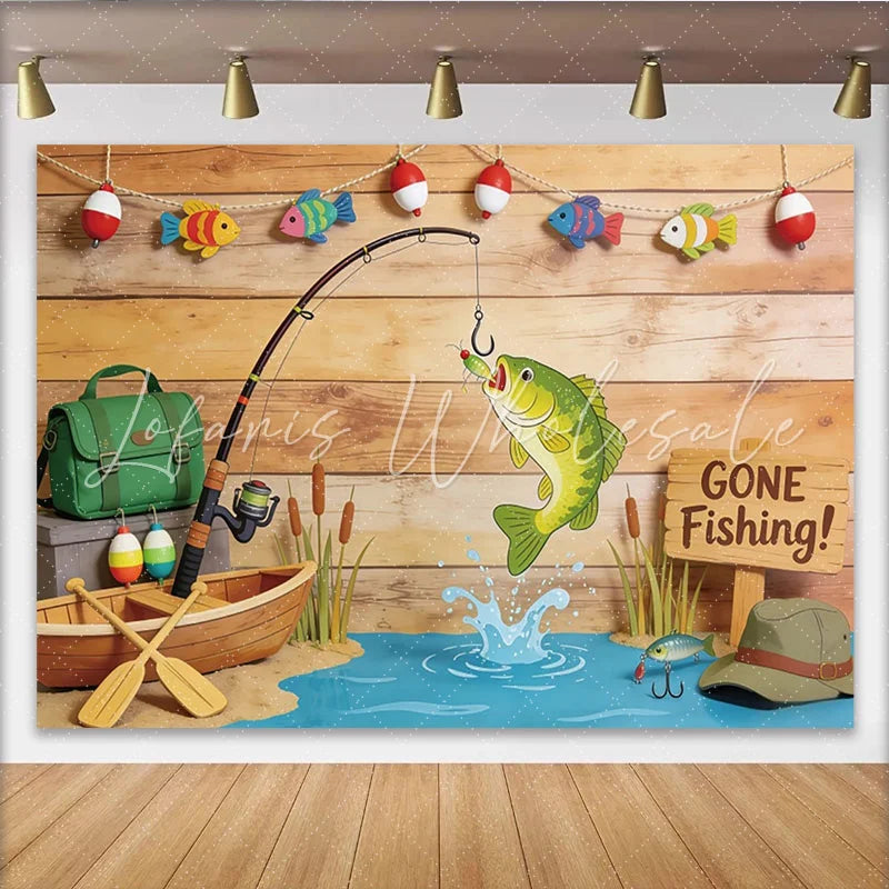 Lofaris Gone Fishing Birthday Backdrop with Wooden Wall and Jumping Fish Outdoor Themed Party Background for Photoshoot