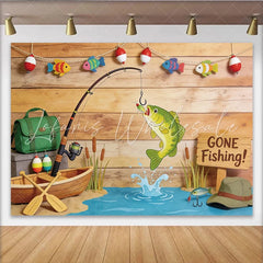Lofaris Gone Fishing Birthday Backdrop with Wooden Wall and Jumping Fish Outdoor Themed Party Background for Photoshoot