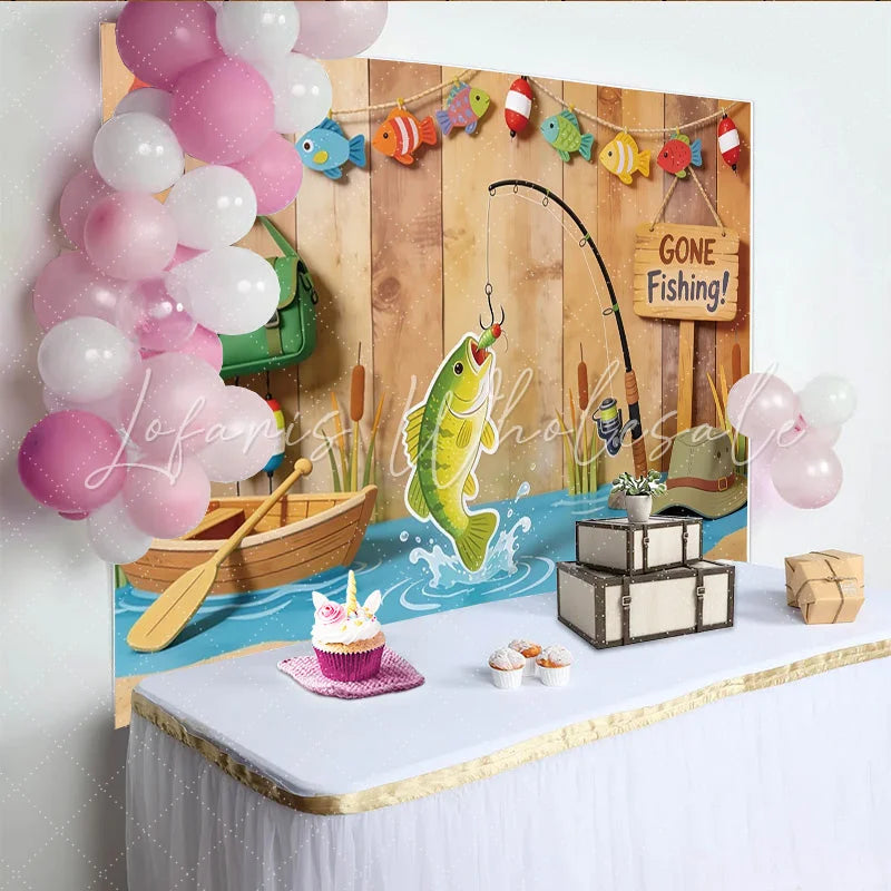 Lofaris Gone Fishing Photography Backdrop with Wooden Wall and Boat Scene Outdoor Themed Studio Background for Party Decoration Props