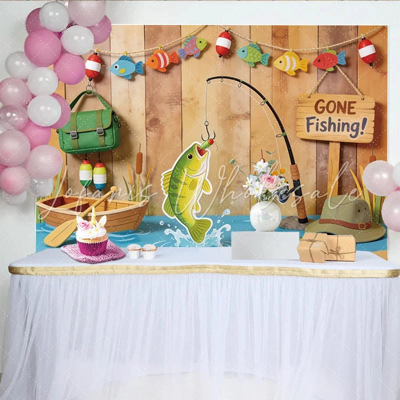 Lofaris Gone Fishing Photography Backdrop with Wooden Wall and Boat Scene Outdoor Themed Studio Background for Party Decoration Props