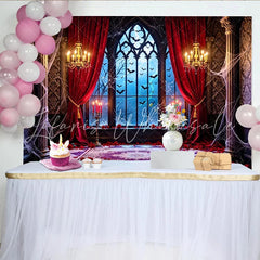 Lofaris Gothic Haunted House Halloween Backdrop with Bats and Spiderwebs Red Velvet Curtains and Rose Petals for Party Decor
