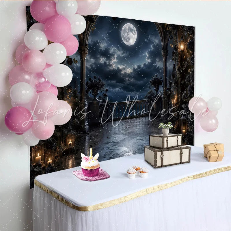 Lofaris Gothic Moonlit Photography Backdrop with Dark Roses and Arches Elegant Night Scene Background for Portrait and Event Decor.