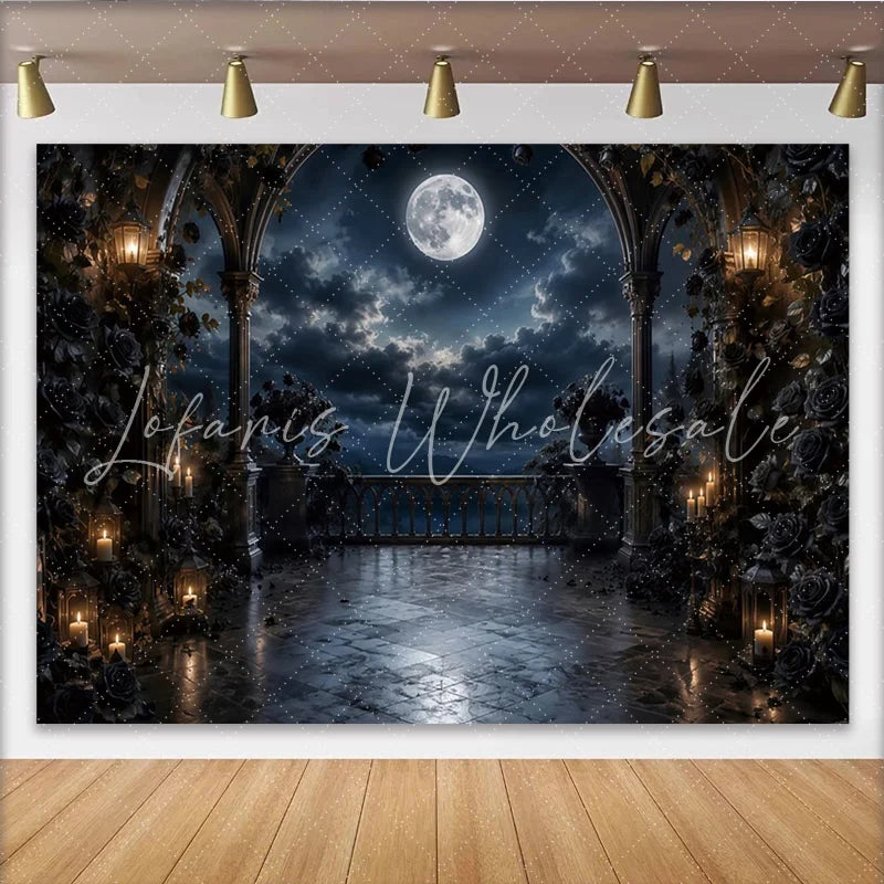 Lofaris Gothic Moonlit Photography Backdrop with Dark Roses and Arches Elegant Night Scene Background for Portrait and Event Decor.