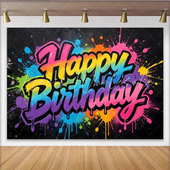 Lofaris Graffiti Rainbow Happy Birthday Backdrop with Colorful Paint Splatters Vibrant Party Background for Photo Booth Decor