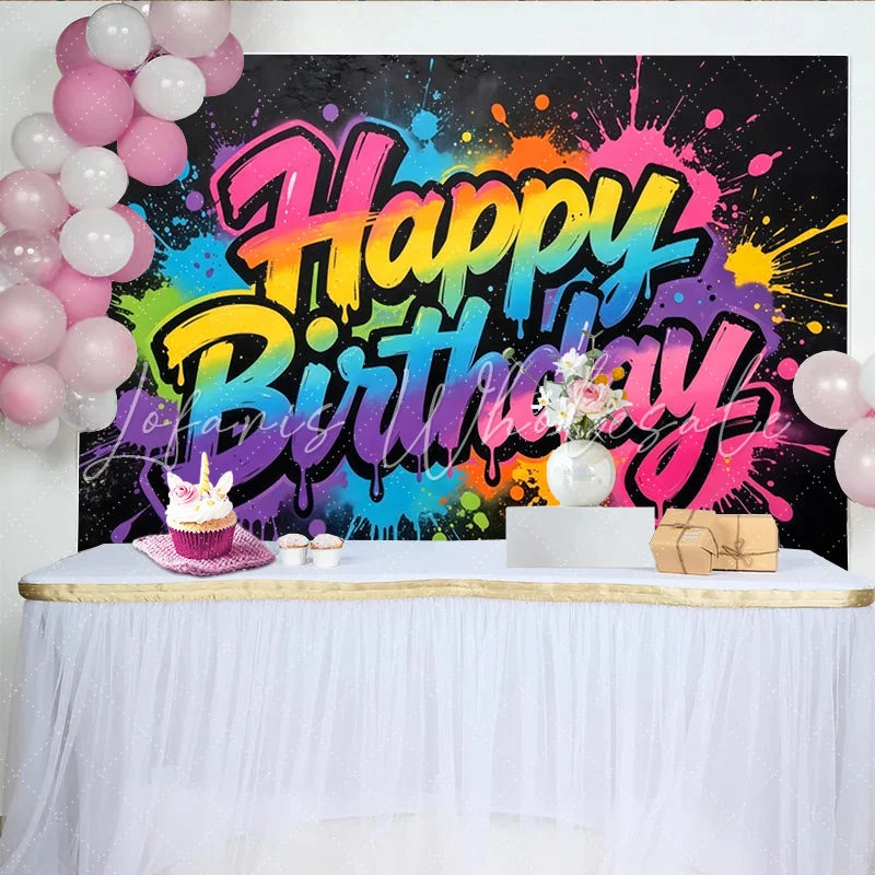 Lofaris Graffiti Rainbow Happy Birthday Backdrop with Colorful Paint Splatters Vibrant Party Background for Photo Booth Decor