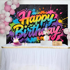 Lofaris Graffiti Rainbow Happy Birthday Backdrop with Colorful Paint Splatters Vibrant Party Background for Photo Booth Decor
