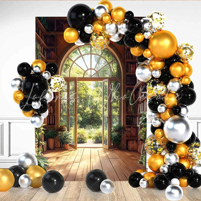 Lofaris Grand Arch Window Library Backdrop Bookshelf and Indoor Plants with Forest View for Study Decor