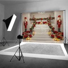Lofaris Grand Christmas Staircase Photography Backdrop Nutcrackers and Poinsettia Decor Elegant Holiday Background