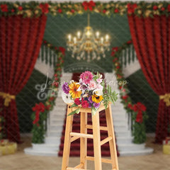 Lofaris Grand Christmas Staircase Photography Backdrop Red Carpet with Green Walls Elegant Holiday Photo Background