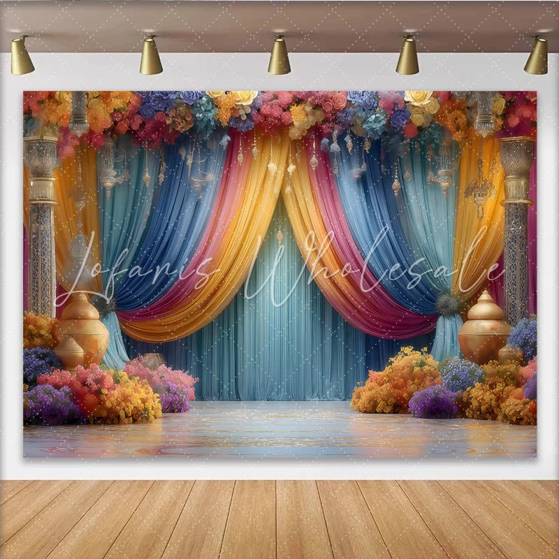 Lofaris Grand Floral Stage Backdrop Ornate Pillars and Lanterns Royal Wedding Party Banner