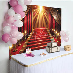 Lofaris Grand Red Carpet Photography Backdrop with Golden Staircase Luxurious Event Background for Awards Ceremony or Party Decor