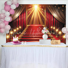 Lofaris Grand Red Carpet Photography Backdrop with Golden Staircase Luxurious Event Background for Awards Ceremony or Party Decor