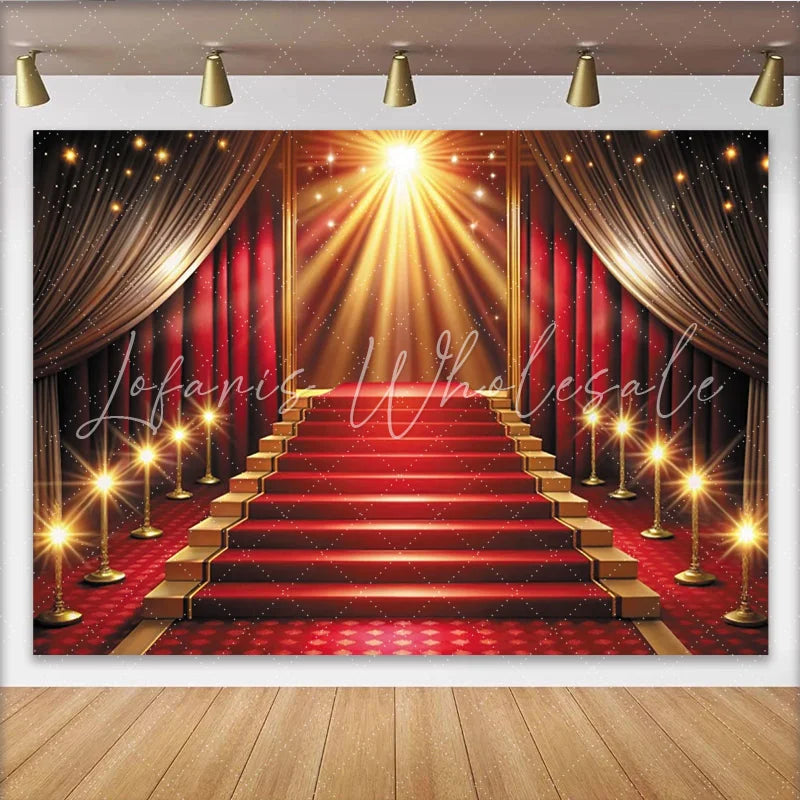 Lofaris Grand Red Carpet Photography Backdrop with Golden Staircase Luxurious Event Background for Awards Ceremony or Party Decor